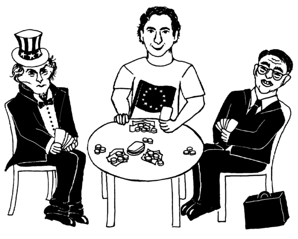 [Cartoon: Pokerspiel. USA und Japan haben alles Geld gesetzt und zittern. EU hat nur 2 Mnzen gesetzt und lehnt sich entspannt zurck.]